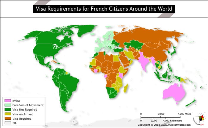 World Map highlighting countries on the basis of visa requirements for French citizens