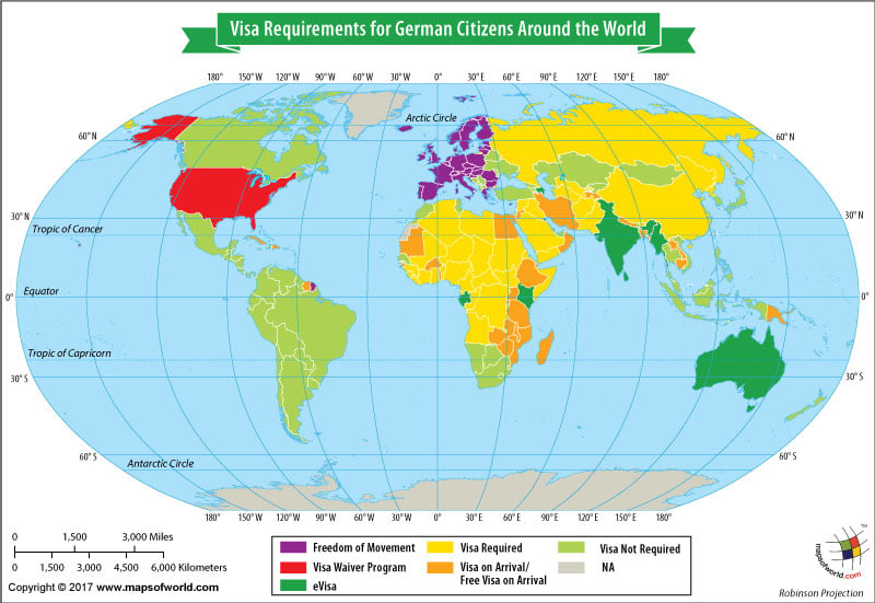World Map highlighting countries on basis of visa requirement for German citizens