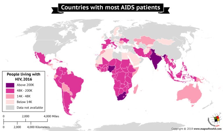 What are the countries with the maximum AIDS patients? - Answers