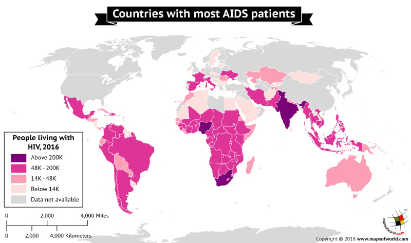 World Map depicting countries with maximum AIDS patients