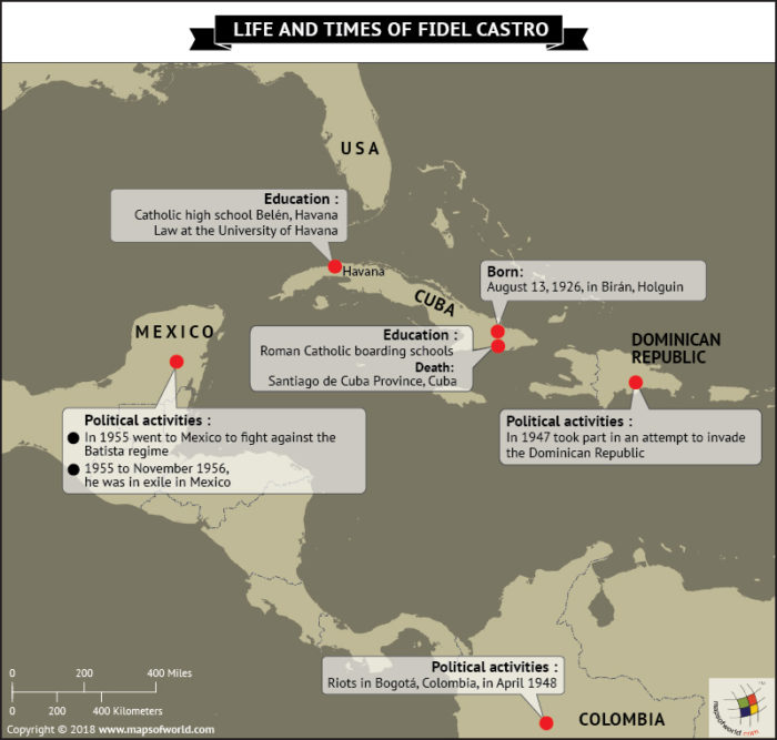 Cuba Map highlighting significant events from the life of Fidel Castro
