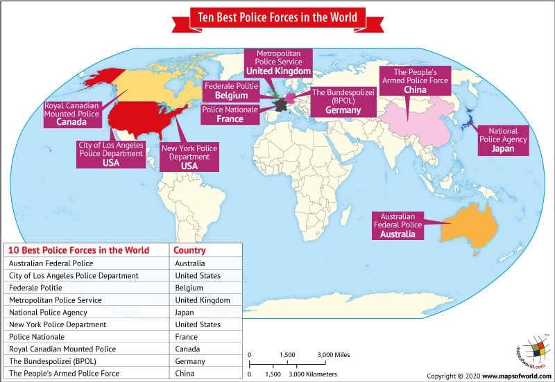 Map Showing Ten Countries with the Best Police Forces in The World
