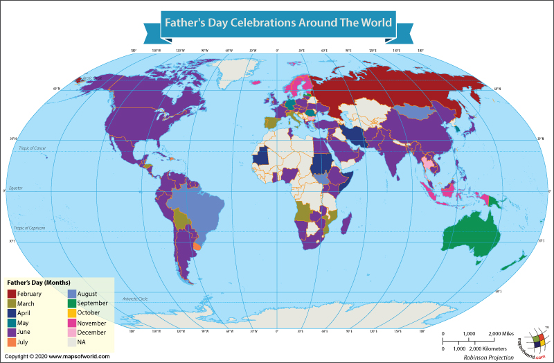 Map Showing Father's Day Around the World