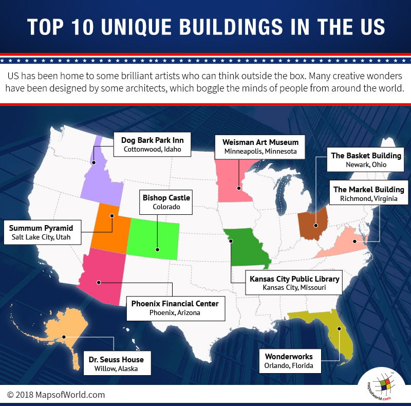 USA Map highlighting locations of Most Unique Buildings in the country