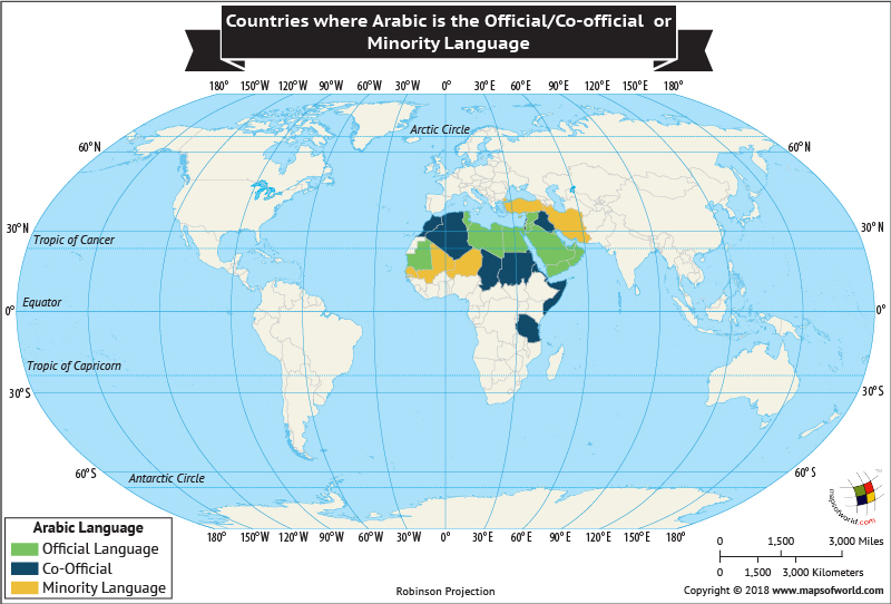  World Map depicting nations where Arabic is an Official, Co-official or Minority Language