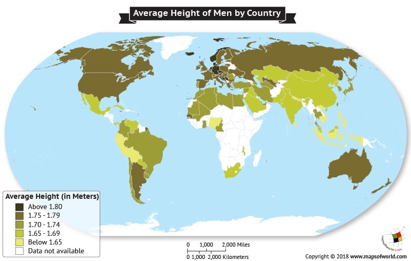 World Map depicting Average Heights of men by Country