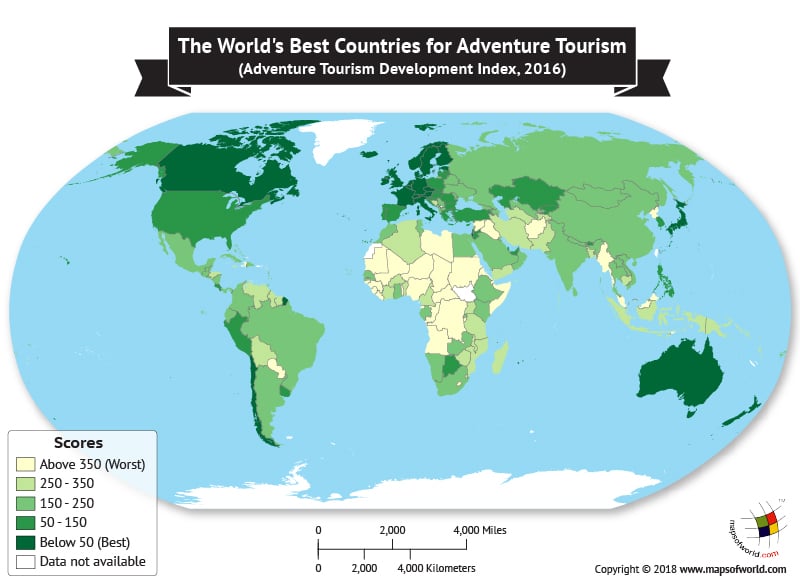 World Map depicting the best countries for adventure tourism