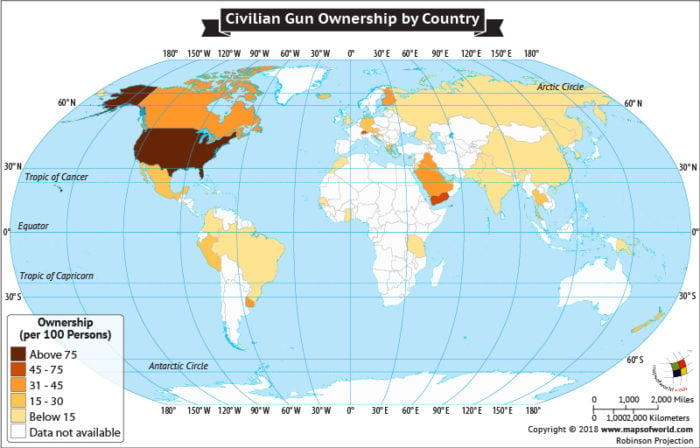 World Map depicting civilian Gun Ownership by country