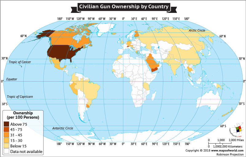 World Map depicting civilian Gun Ownership by country