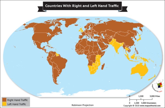 World map indicating countries with right and left-hand drive