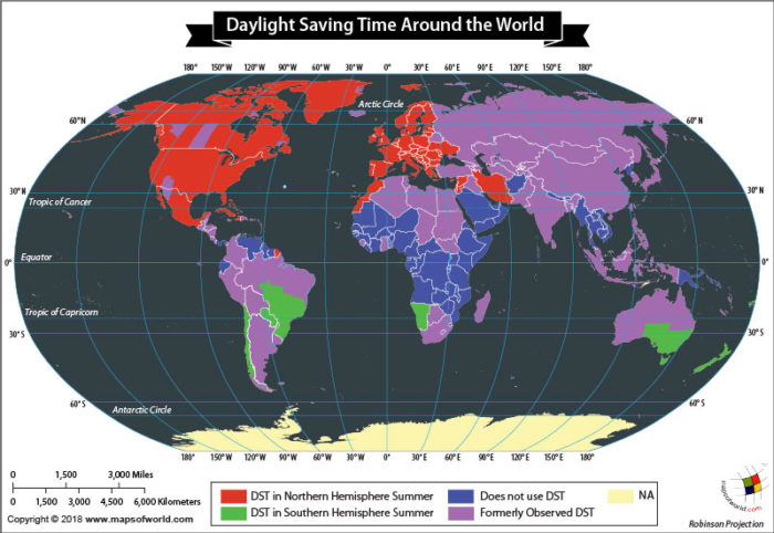 World map depicting daylight saving time by countries