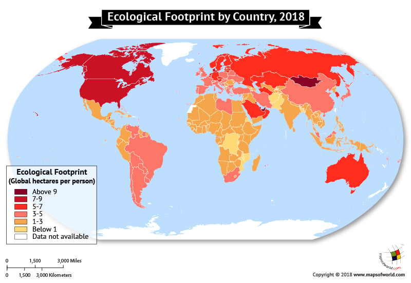 World map depicting Ecological footprints Index