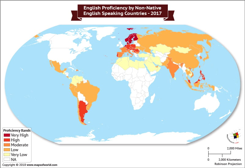 World Map highlighting English Proficiency levels in non-native English speaking Countries