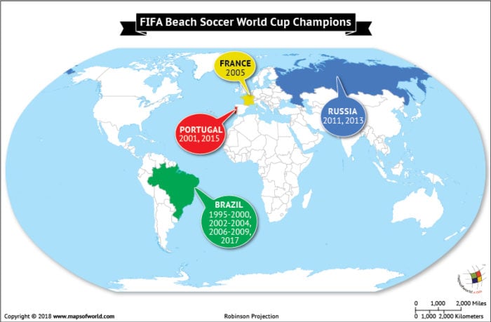 World map depicting FIFA Beach Soccer world championship