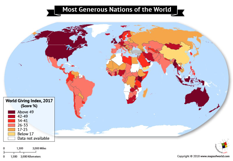 World Map depicting the most Generous Nations