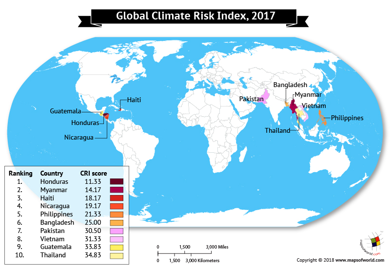 World Map depicting countries most affected by Global Climate