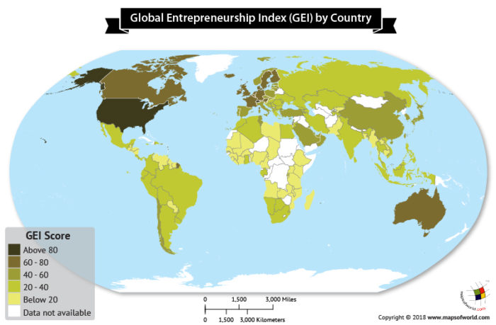 World map showing global entrepreneurship index 2018