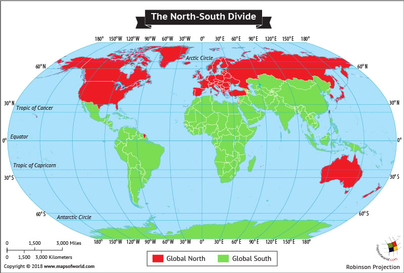 World Map showing Global North and South Division