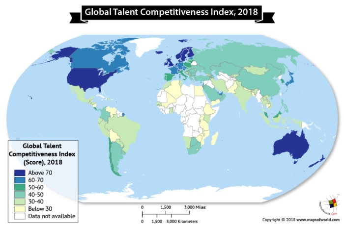 World Map highlighting Global Talent Competitiveness by Country