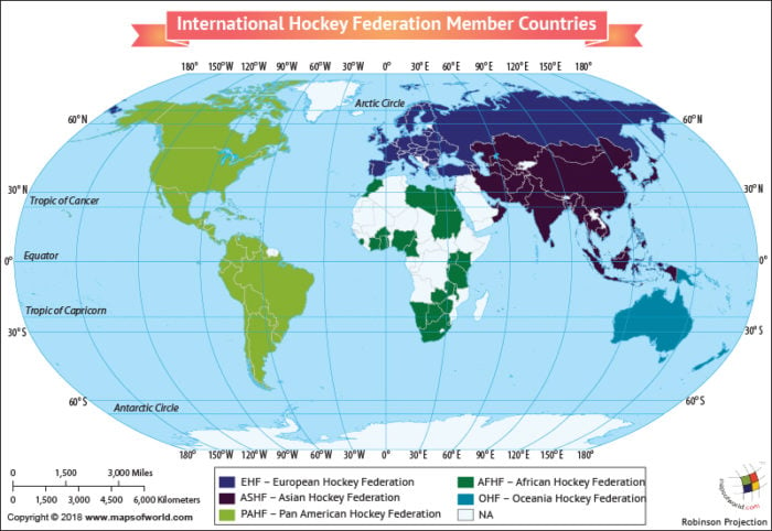 World Map depicting Member Associations of International Hockey Federation