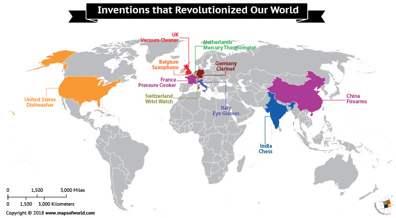 World map indicating inventions revolutionised the world