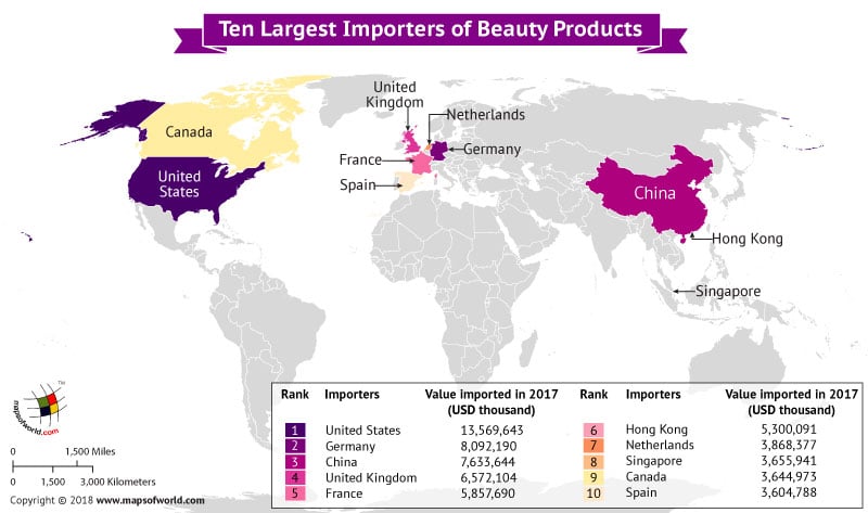 World Map depicting largest importers of beauty products