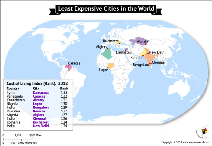 World Map highlighting Ten Least Expensive Cities
