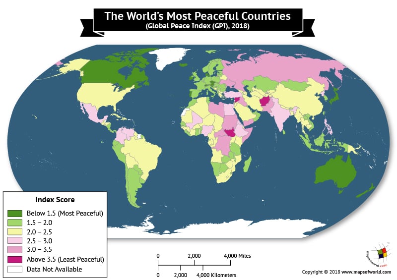 World Map depicting the most peaceful countries