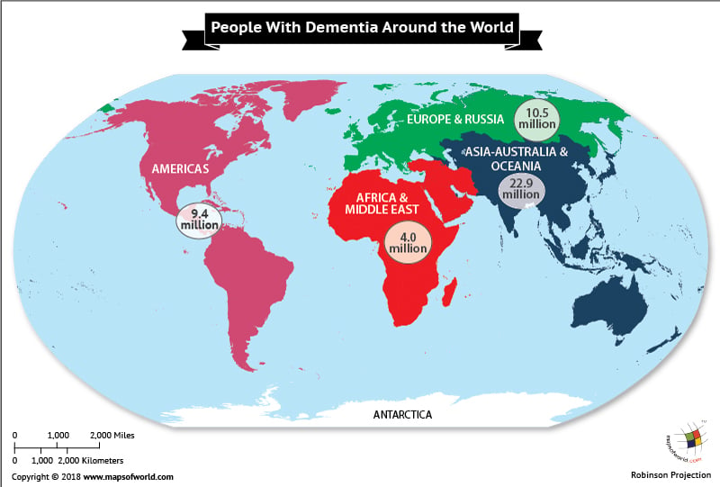World map depicting Threat of Dementia in different Countries