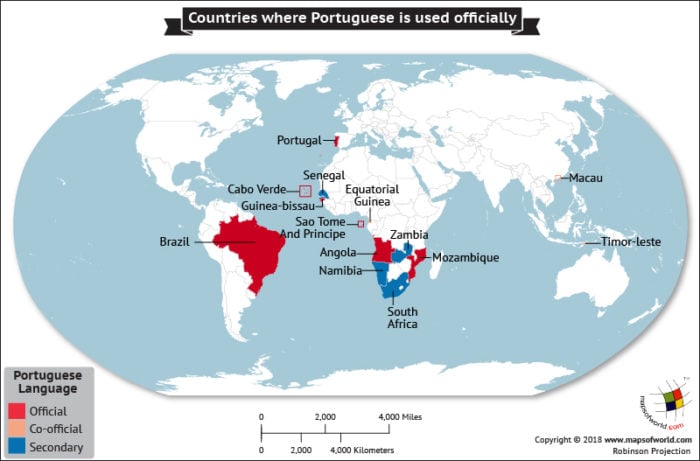 World map showing countries where Portuguese is the official language