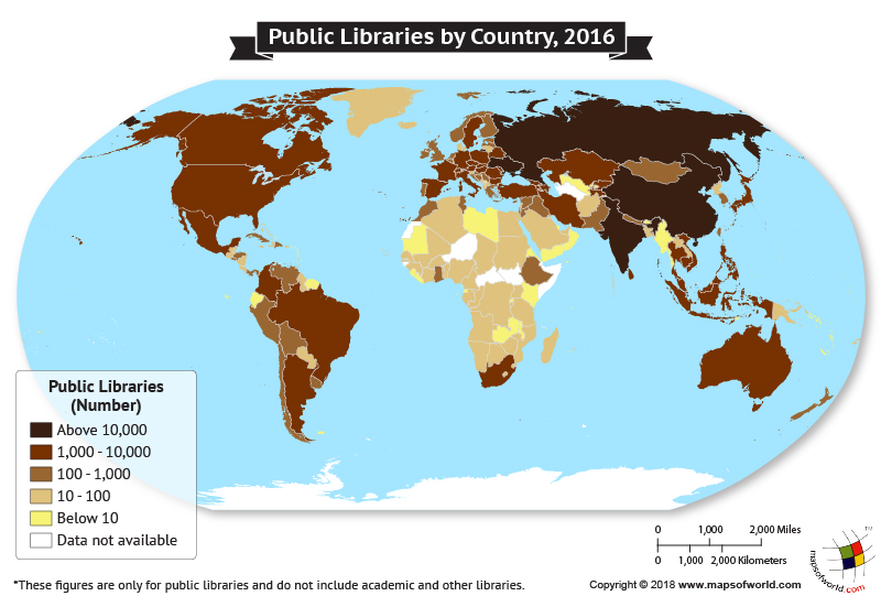 World Map showing number of Public Libraries in Countries