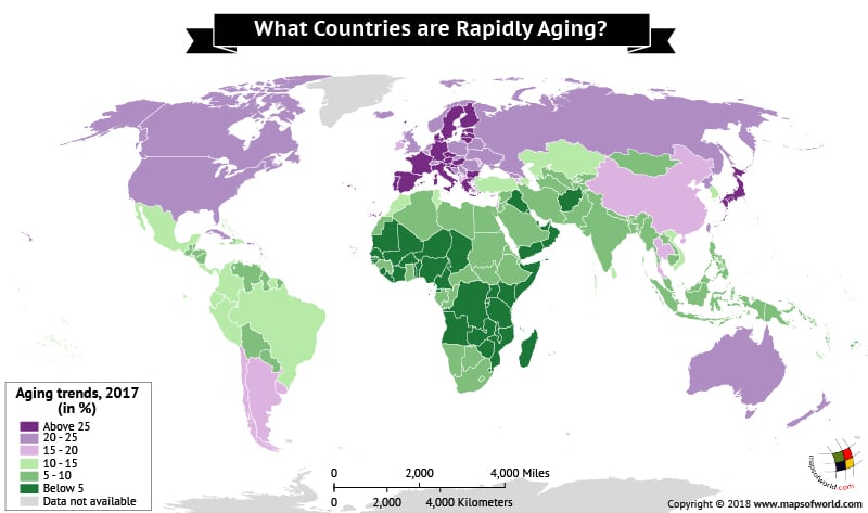 World Map depicting rapidly aging countries