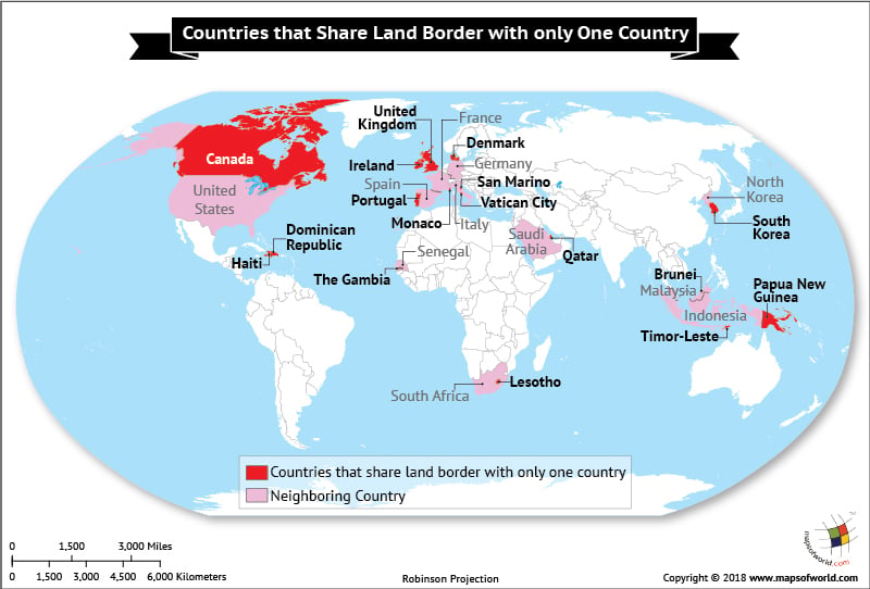 World Map highlighting countries sharing Land Border with One country