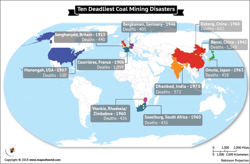 World map highlighting ten deadliest coal mining disasters