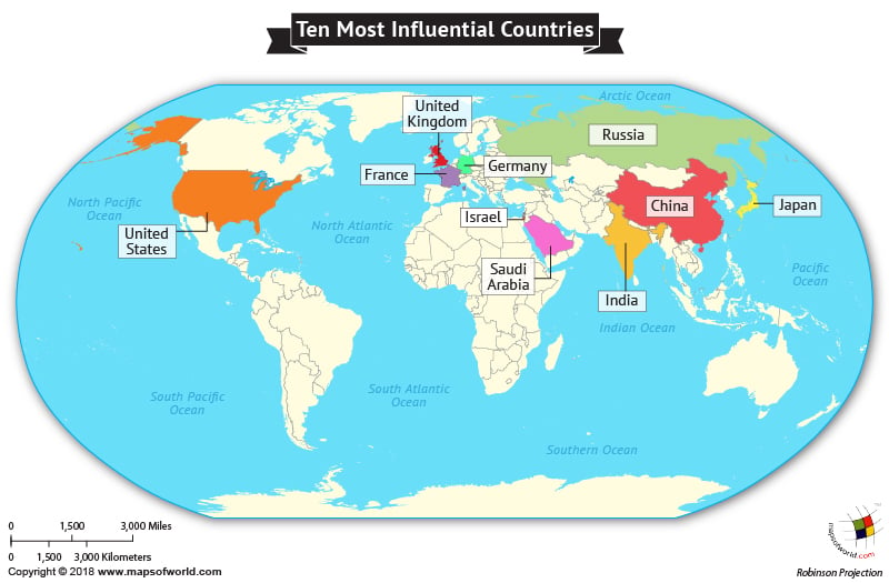 World Map highlighting Ten Most Influential Countries