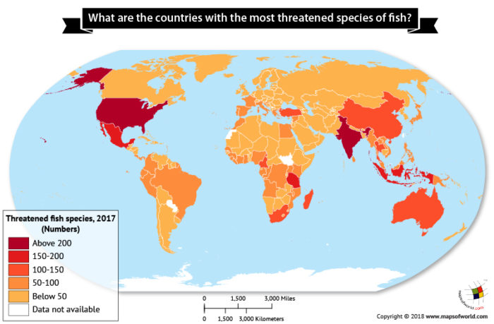 World map depicting countries with threatened fish species