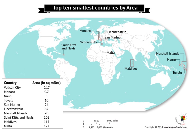 World map depicting top 10 smallest countries