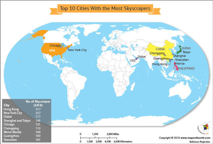World map highlighting top 10 cities with most skyscrapers