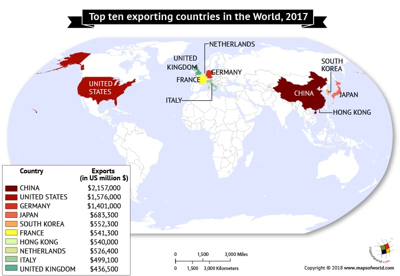 World Map highlighting Top Ten Exporting Countries