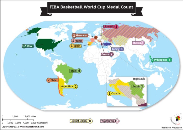 World Map highlighting winners of FIBA Basketball World Cup