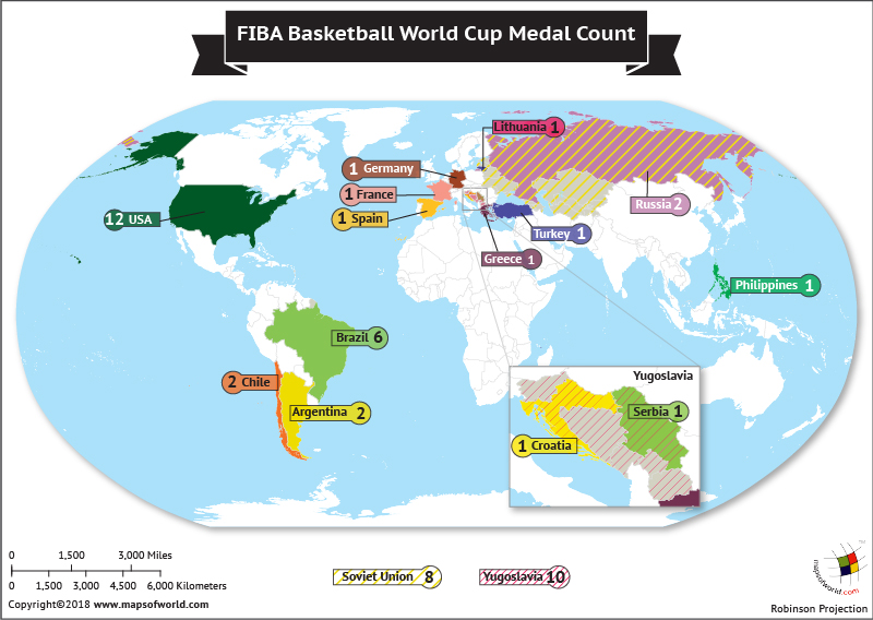 World Map highlighting winners of FIBA Basketball World Cup