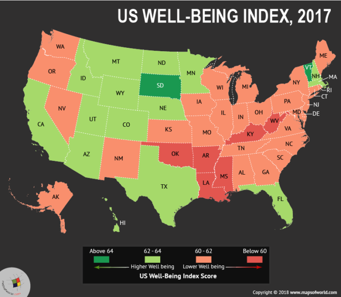 US map depicting Well-Being Score in states