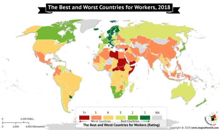 World map depicting workers' rights in countries