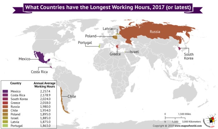 World Map depicting countries with longest working hours