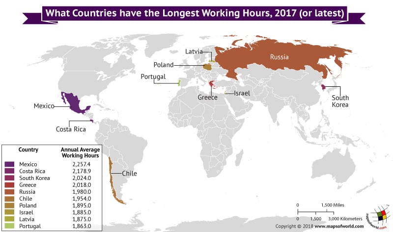 World Map depicting countries with longest working hours