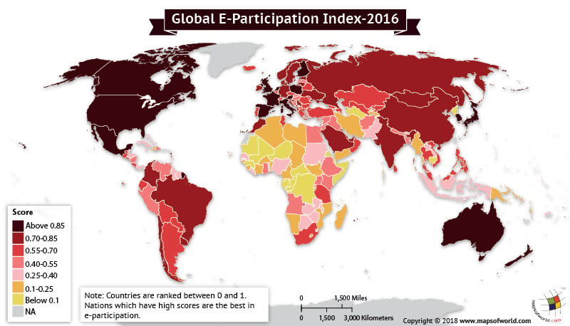 World map depicting e-participation score of countries