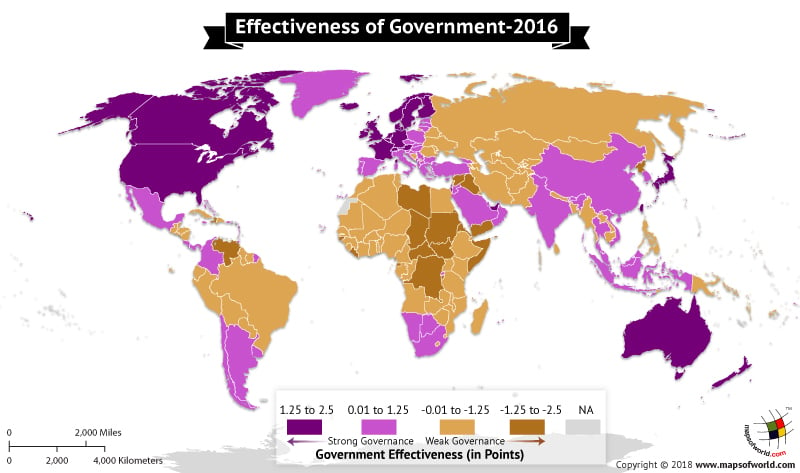 World Map depicting the score of Government Effectiveness