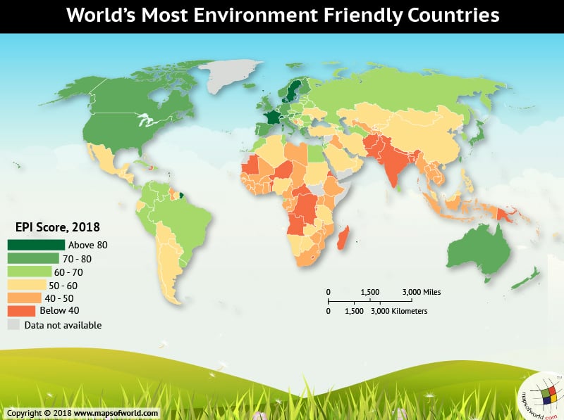 World map depicting Environment-Friendly Countries 