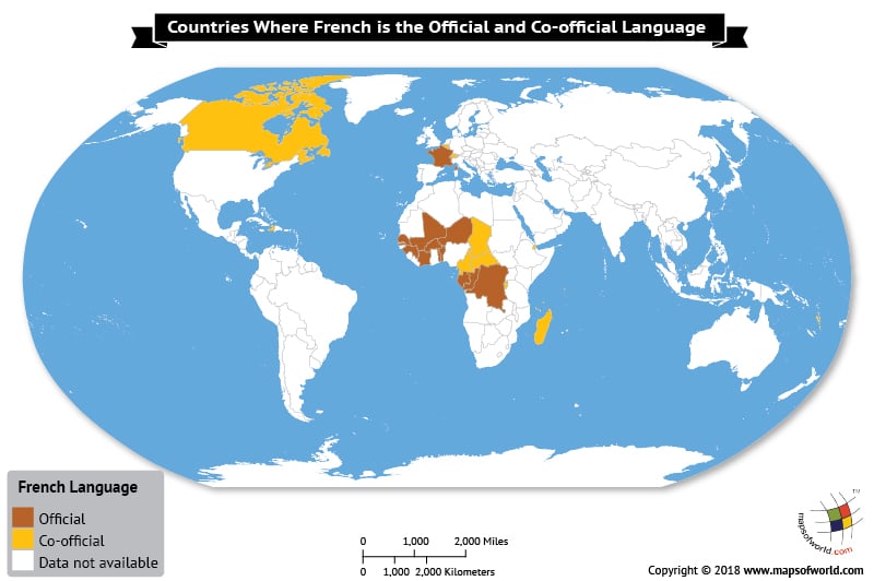 World Map depicting countries where French is official language