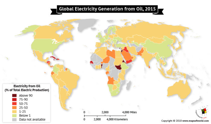 World map depicting countries where electricity generated by oil